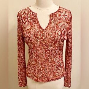 New York & Company Red Cream Paisley Print Semi Sheer Long Sleeve Mesh Top SZ L